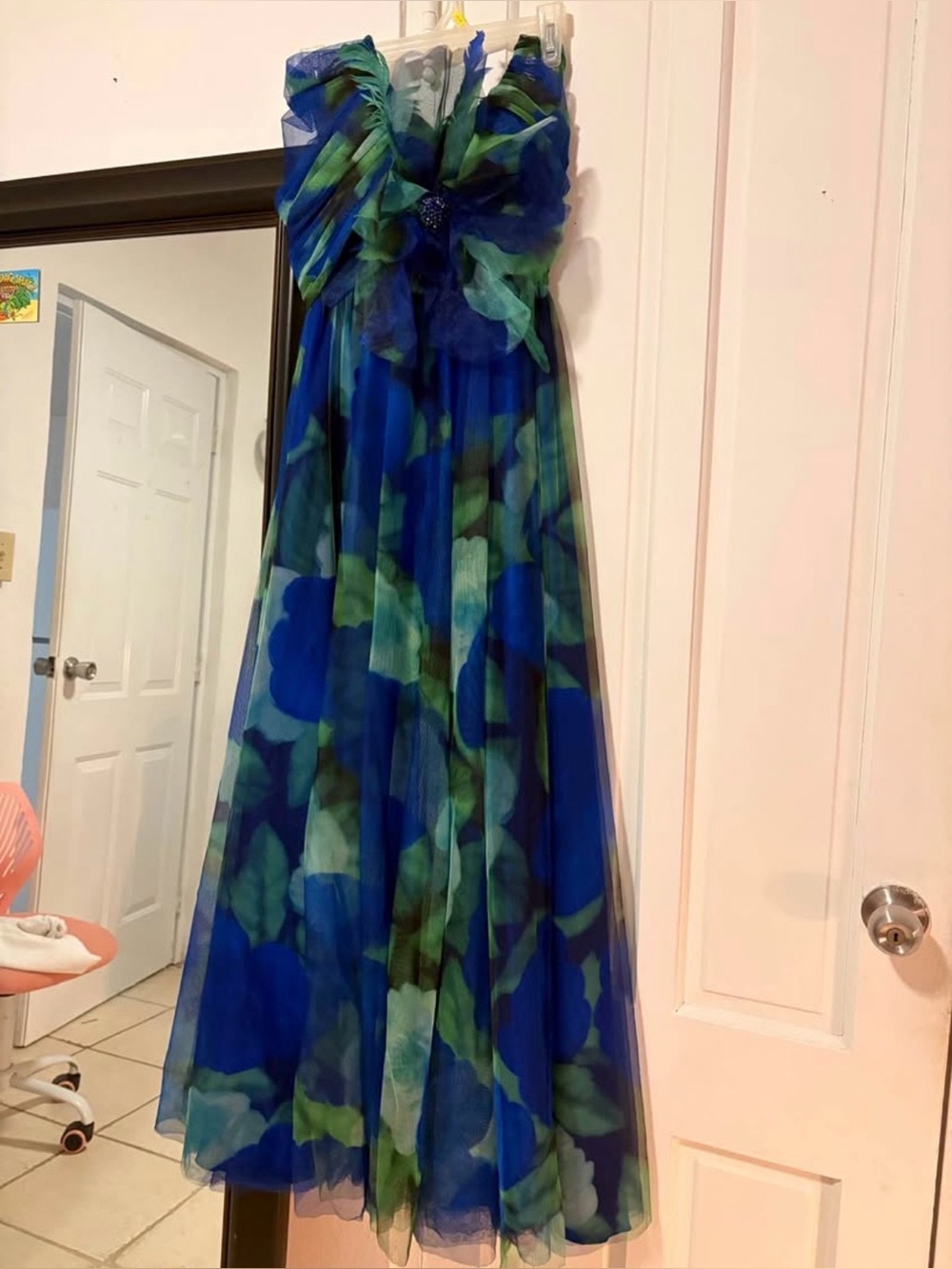 Blue and Green Strapless Floral Maxi Dress
